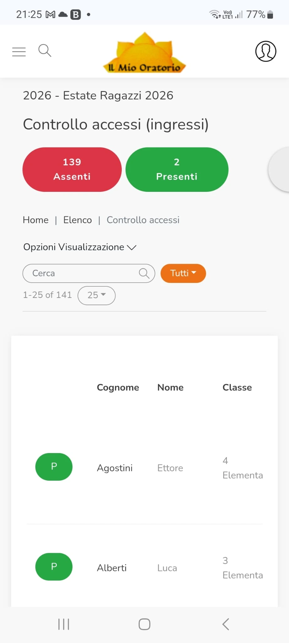 Elenco squadre e bambini per animatori, versione mobile