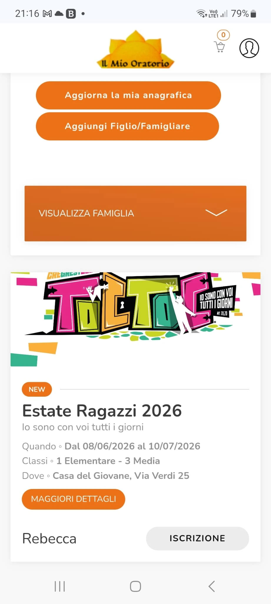 Modulo di iscrizione all'oratorio visto da smartphone per le famiglie