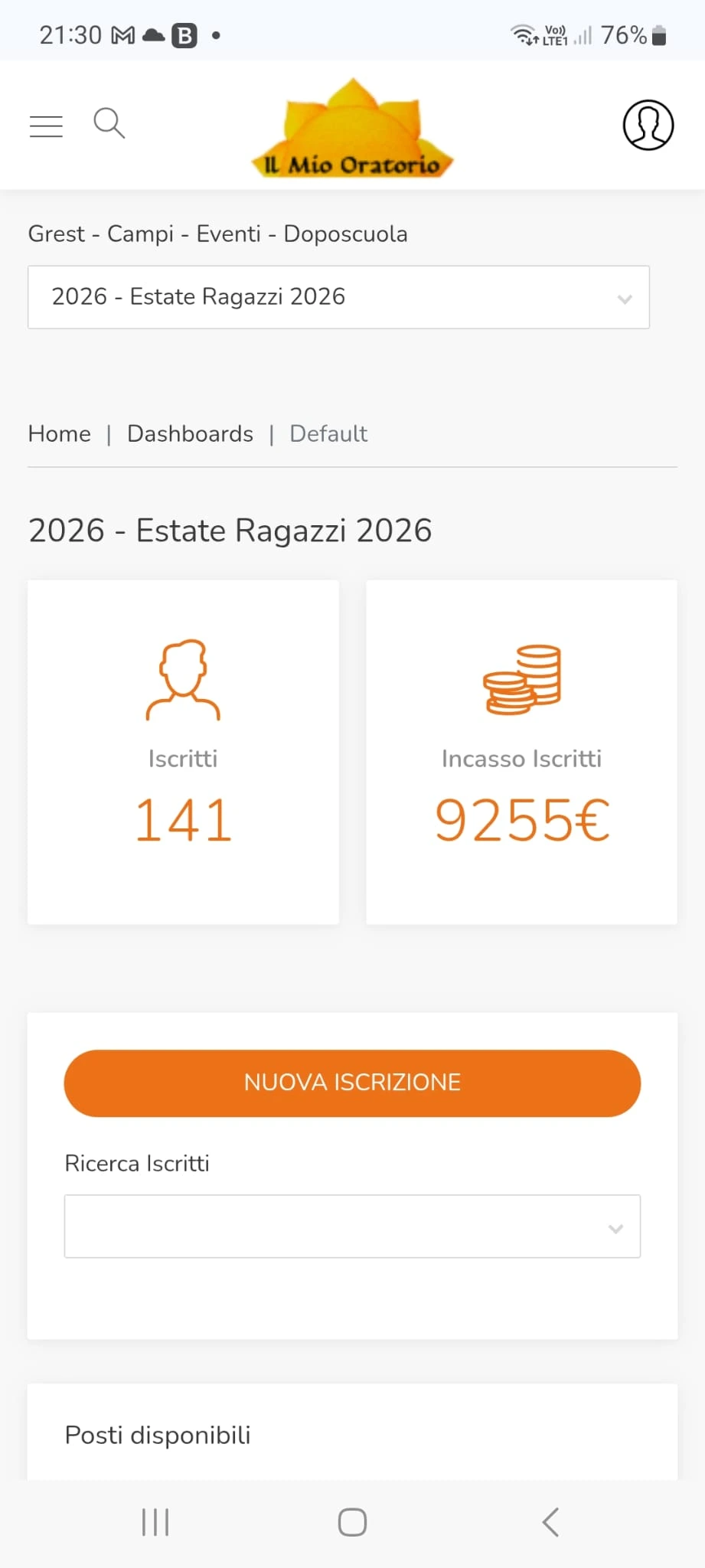 Schermata di gestione iscrizioni per la segreteria, versione mobile